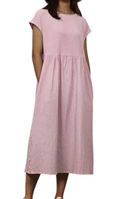 MAGIMODAC Damen Tunika Kleid Kurzarm Sommer Shirtkleid Knielang Leinenkleid GR.36-50 Baumwolle T Shirt Kleider Freizeitkleid Sommerkleid mit Taschen (Etikett M/EU 38, rosa) von MAGIMODAC