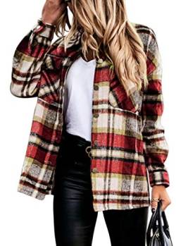 MAGIMODAC Karierte Hemdjacke Holzfällerjacke Damen Oversized Hemdbluse Langarm Karohemd Kariertes Hemd Blusenshirt Lang Boyfriend (Typ B-Rot, XL) von MAGIMODAC