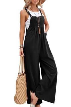 MAGIMODAC Sommer Latzhose Baumwolle Damen Jumpsuit Overall Luftig Lang Hosen Dungarees Ärmellos Hosenanzug mit Taschen Schwarz 2XL von MAGIMODAC