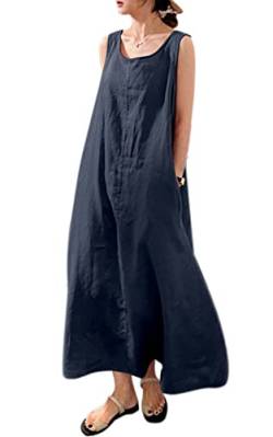 MAGIMODAC Sommerkleid Damen Lang Baumwolle Kleid Ärmelloses Freizeitkleid Casual Maxikleid Tunika Kleider mit Taschen Dunkelblau XL von MAGIMODAC