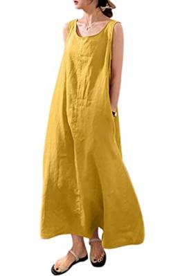 MAGIMODAC Sommerkleid Damen Lang Baumwolle Kleid Ärmelloses Freizeitkleid Casual Maxikleid Tunika Kleider mit Taschen Gelb XL von MAGIMODAC