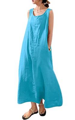 MAGIMODAC Sommerkleid Damen Lang Baumwolle Kleid Ärmelloses Freizeitkleid Casual Maxikleid Tunika Kleider mit Taschen Hellblau 4XL von MAGIMODAC