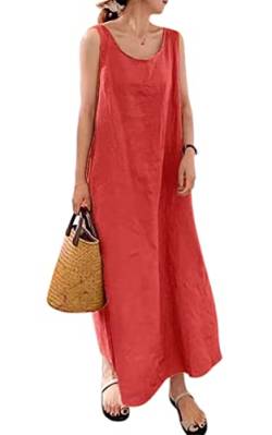 MAGIMODAC Sommerkleid Damen Lang Baumwolle Kleid Ärmelloses Freizeitkleid Casual Maxikleid Tunika Kleider mit Taschen Rot 2XL von MAGIMODAC