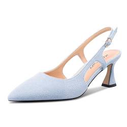 MAGIOPY Damen Geschlossene Spitze Zehenkappe Mittlerem Absatz Heel Slingback Slip-on Dress Pumps Schnalle Lässig Büroschuhe Schuhe 6.5 cm Heels Hellblau 39 EU von MAGIOPY