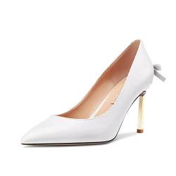 MAGIOPY Damen Hoher High Stiletto Absatz Heel Geschlossene Spitze Zehenkappe Slip-on Pumps Bogenknoten Hochzeit Party Dress Schuhe 8.5 cm Heels Weiß 39 EU von MAGIOPY