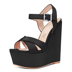 MAGIOPY Damen Keilabsatz Plateau Plattform Hoher High Absatz Heel Peep Open Zehenkappe Sandalen Knöchelriemen Slingback Hochzeit Dress Schuhe Schwarz 37 EU von MAGIOPY