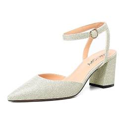 MAGIOPY Damen Mittlerem Blockabsatz Absatz Heel Spitze Zehenkappe Knöchelriemen Glitzer Pumps Slingback Schnalle Abschlussball Sexy Schuhe 6.5 cm Heels Beige 41 EU von MAGIOPY