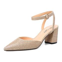 MAGIOPY Damen Mittlerem Blockabsatz Absatz Heel Spitze Zehenkappe Knöchelriemen Glitzer Pumps Slingback Schnalle Abschlussball Sexy Schuhe 6.5 cm Heels Champagnerfarbe 37 EU von MAGIOPY