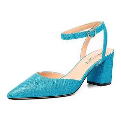 MAGIOPY Damen Mittlerem Blockabsatz Absatz Heel Spitze Zehenkappe Knöchelriemen Glitzer Pumps Slingback Schnalle Abschlussball Sexy Schuhe 6.5 cm Heels Hellblau 39 EU von MAGIOPY