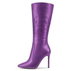 MAGIOPY Damen Stiletto Hoher High Absatz Heel Spitze Zehenkappe Mid Calf Reißverschluss Büroschuhe Cute 10 CM Heels Stiefel Violett A 45 EU von MAGIOPY