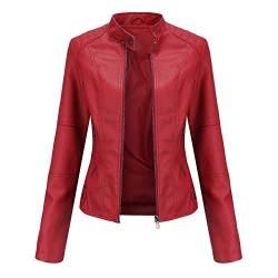 MAGREAT Damen-PU-Lederjacken, kurze Kunstlederjacke, große Größe, Reißverschluss, schmale Passform, lässiger Biker-Mantel, rot, 42 von MAGREAT