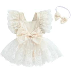 2 Stück Set Elegant Mädchen Sommeranzug Neugeborene Ärmel Rüschen Kleid Neugeborene Zeremonie Elegantes Kleid Neugeborene Bodysuit Tutu Baby Spitze Strampler Taufe+Stirnband, beige, 0-6 Monate von MAHUAOYIXI