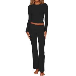 MAHUAOYIXI 2-teiliges Kleidungsset Casual Anzug Elegant Damen Overall Elegant Langarm Rundhals Crop Top Ärmelloses Top + Ausgestellte Hose mit niedriger Taille, Schwarz , M von MAHUAOYIXI