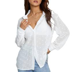 MAHUAOYIXI Damen-Bluse mit Punkten, Langarm, einfarbig, transparent, aus Spitze, elegant, sexy, lässig, mit V-Ausschnitt, bequem, Weiß, X-Large von MAHUAOYIXI