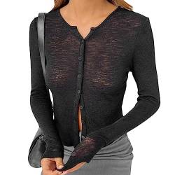 MAHUAOYIXI Langarm-T-Shirt für Damen mit Knöpfen Sexy Mädchen Crop Top Bluse Cardigan Casual mit langen Ärmeln und transparenten Mädchen figurbetontes Top Mädchen Hemd Elegant, Schwarz , Large von MAHUAOYIXI