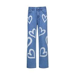 MAI Fashion Damen Jeans Hohe Taille Love Heart Printed Straight Leg Pants Streetwear Wide Leg Denim Jeans Hosen Gr. L, blau von MAI
