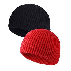MAIAGO Fisherman Beanie für Herren Damen, Strickmanschette Beanie Mütze Kurze Beanie Mütze Winter Warme Mützen, schwarz/rot, Einheitsgröße von MAIAGO