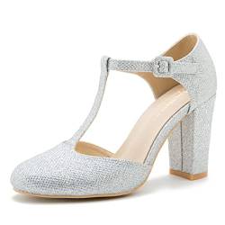 Damen T-Riemen Block Chunky Heel Mary Jane Pumps Cut Out Brautkleid Schuhe, Silberfarben glitzernd, 38 EU von MAIERNISI JESSI