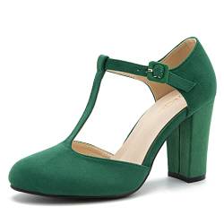 Damen T-Riemen Block Chunky Heel Mary Jane Pumps Cut Out Brautkleid Schuhe, Wildleder grün, 40.5 EU von MAIERNISI JESSI
