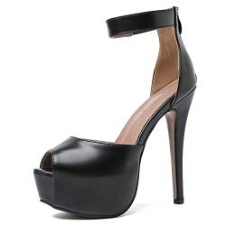 MAIERNISI JESSI Damen Sandalen Plateau Peep Toe Knöchelriemen Stiletto High Heel Kleid Reißverschluss, Mattes Schwarz, 37 EU von MAIERNISI JESSI