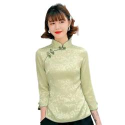 Cheongsam Tops Chinesische Traditionelle Mandarinenkragen Tang Mantel Weiche Satin Chinesischen Stil Hemd Frühling Baumwolle Slim Bluse, Grün Langarm, 3XL von MAIFURUN