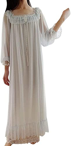 MAIGOU Damen Retro Palast Langes Chiffon Mesh Nachthemd Frühling Herbst Langarm Homewear Pyjama Nachtwäsche Nachthemd Schlafkleid mit Rüschen Saum Spitzenbesatz Blau _XL Baifantastic von MAIGOU