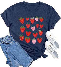 MAIHUN Erdbeer-Hemden, Obst-T-Shirts, Erdbeeren, grafisches T-Shirt, Gartenbekleidung, Gärtner, Geschenk, Blau, Mittel von MAIHUN