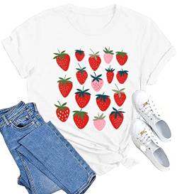 MAIHUN Erdbeer-Hemden, Obst-T-Shirts, Erdbeeren, grafisches T-Shirt, Gartenbekleidung, Gärtner, Geschenk, Weiss/opulenter Garten, Mittel von MAIHUN