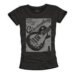 Band T-Shirt mit Gitarre Glastonbury schwarz Damen Größe L von MAKAYA