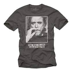 Charles Bukowski T-Shirt für Herren Zitat FIND What You Love Grau Größe L von MAKAYA