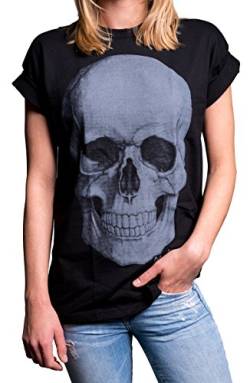 Coole Frauen Shirts mit Totenkopf - Skull Oberteil - Übergröße weit geschnitten Kurzarm schwarz große Größen M von MAKAYA