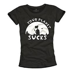 Coole Geek T-Shirts mit Aufdruck Your Planet Sucks schwarz Damen Größe L von MAKAYA