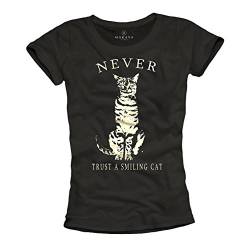 Lustige Katzen Shirts für Damen Never Trust A Smiling CAT T-Shirt schwarz Größe L von MAKAYA