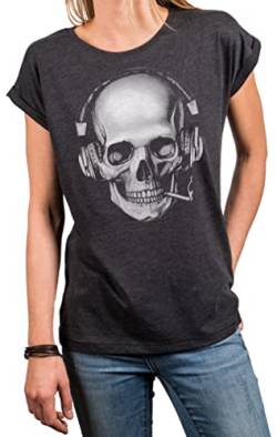 MAKAYA Damen Shirt Totenkopf Motiv Kopfhörer Skull Print Rockige Oberteile Frauen Tunkika Große Größen Oversize Grau L von MAKAYA