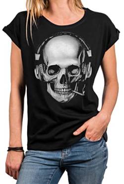 MAKAYA Damen Shirt Totenkopf Motiv Kopfhörer Skull Print Rockige Oberteile Frauen Tunkika Große Größen Oversize Schwarz XXXL von MAKAYA