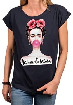MAKAYA Damenshirt - Lustiges Sprüche T-Shirt - Fridas Kaugummi Top Viva La Vida Tunika Blau S von MAKAYA