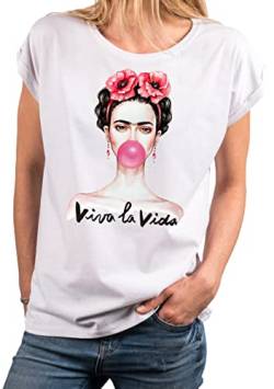 MAKAYA Damenshirt - Lustiges Sprüche T-Shirt - Fridas Kaugummi Top Viva La Vida Tunika Weiß XXXL von MAKAYA