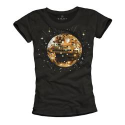 MAKAYA Disco Outfit Party Oberteil Damen Shirt Discokugel Sommer Top Frauen Tshirt Schwarz Größe L von MAKAYA