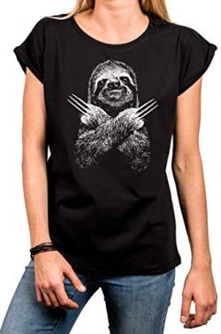 MAKAYA Lustiges Damenshirt mit Aufdruck - Faultier Sloth Kurzarm T-Shirt - Große Größen Oversized Top Schwarz Gr. L von MAKAYA