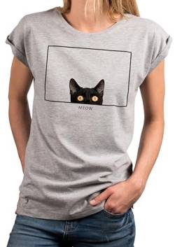 MAKAYA T-Shirt Damen Katze Meow Katzenmotiv Lustig Sommer Top Print Aufdruck Katzen Geschenke für Frauen Grau XS von MAKAYA