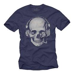 Totenkopf T-Shirt mit Kopfhörer - Skull Rock Band Musik Shirt für Herren Blau XXXL von MAKAYA