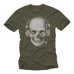 Totenkopf T-Shirt mit Kopfhörer - Skull Rock Band Musik Shirt für Herren Grün XXXL von MAKAYA