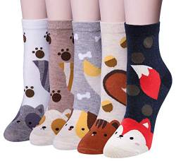 5 Paar Damen-Socken, warm, Winter, Baumwolle, niedliches Tiermotiv, Katze, Hund, Socken für Damen Gr. Einheitsgröße, D. von MAKFORT