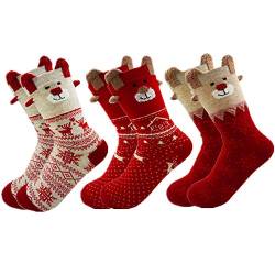 MAKFORT 3 Paar Weihnachtssocken Damen Baumwolle Winter Warm Weihnachten Socken Rentier Schneeflocke Socken Weihnachtsgeschenke Für Frauen 34-38 von MAKFORT