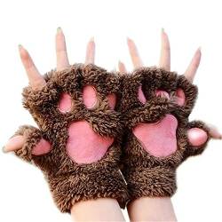 MAKFORT Fingerlose Handschuhe Winter Katze Plüsch Handschuh Braun von MAKFORT