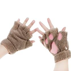 MAKFORT Fingerlose Handschuhe Winter Katze Plüsch Handschuh Khaki von MAKFORT
