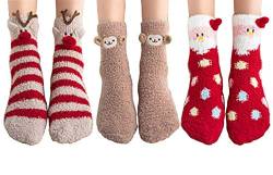 MAKFORT Kuschelsocken Damen Warme Flauschige Wintersocken Süßes Geschenk Weihnachtssocken Cute Cartoon Muster Hausschuhsocken 3 Paar von MAKFORT