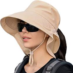 MAKFORT Sonnenhut Damen Outdoor Sommer Breiter Krempe UV Schutz Hut wasserabweisend mit großem Nackenschutz Pferdeschwanz Strandhut von MAKFORT