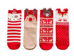 MAKFORT Weihnachtssocken Damen Baumwolle Winter Warm Weihnachten Socken Lustige Socken Damen Tier Muster Niedlich Socken Weihnachtsgeschenke 4 Paar von MAKFORT