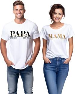 Damen Herren Tshirt 2er Set schwarz weiß mit Mama Papa 2 Kindernamen, Familien T-Shirts personalisiert 3 Kinder Namen 2024, Beste super Paar Muttertagsgeschenk Vatertagsgeschenk von MAMAHUHU